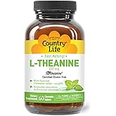 Country Life L-Theanine Fast-Acting 100mg, 60 Chewable Tablets, Mint- Flavored, Certified Gluten Free, Certified Vegan
