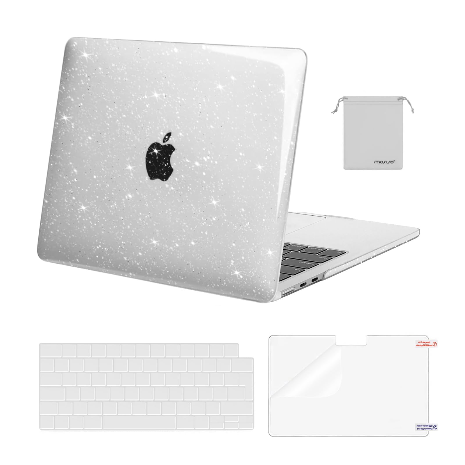 MOSISO Compatible with MacBook Air 13 inch Case M5 M4 M3 M2 2026-2022 3449 A3240 A3113 A2681 Chip Touch ID, Sparkly Glitter Hard Shell Cover&Keyboard Cover&ScreenFilm&Storage Bag, Transparent