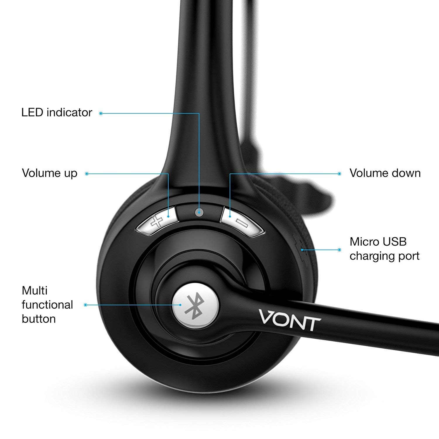 Bluetooth Headset with Microphone, Wireless Headset, Bluetooth Headphones with Mic, Portable Phone Headset, Headsets Suitable for VOIP, Skype, Call Centers, Offices, Truckers/Truck Drivers - Vont