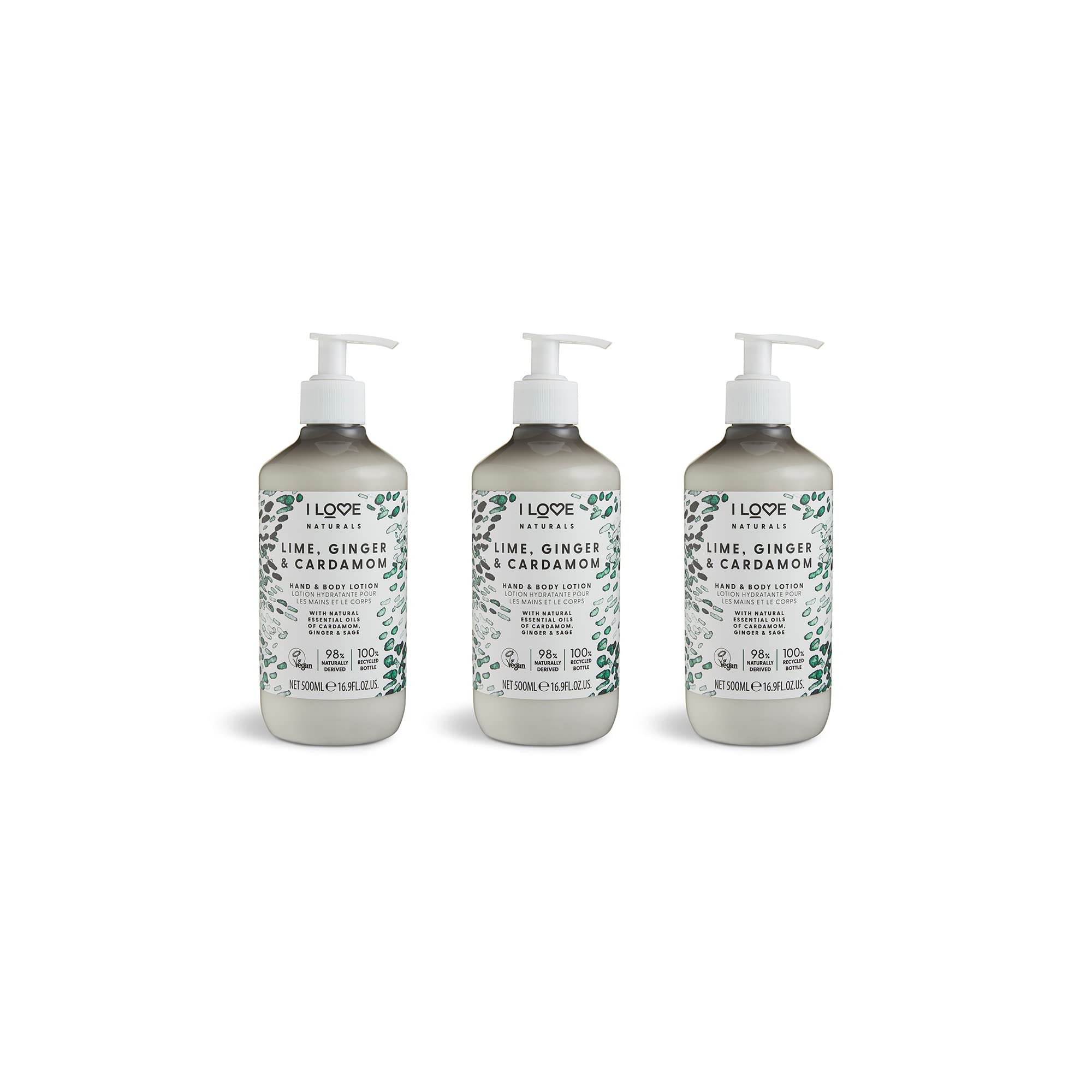 I Love Naturals Lime, Ginger & Cardamon Hand & Body Lotion, Essential Oils Of Cardamon, Ginger & Sage, Crafted With Ingredients Such as Shea Butter, 3 x 500ml