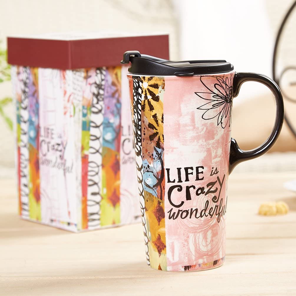 DUSVALLY Ceramic Coffee Mug with Lid Porcelain Cup with Color Box 17oz.Life Crazy Wonderful