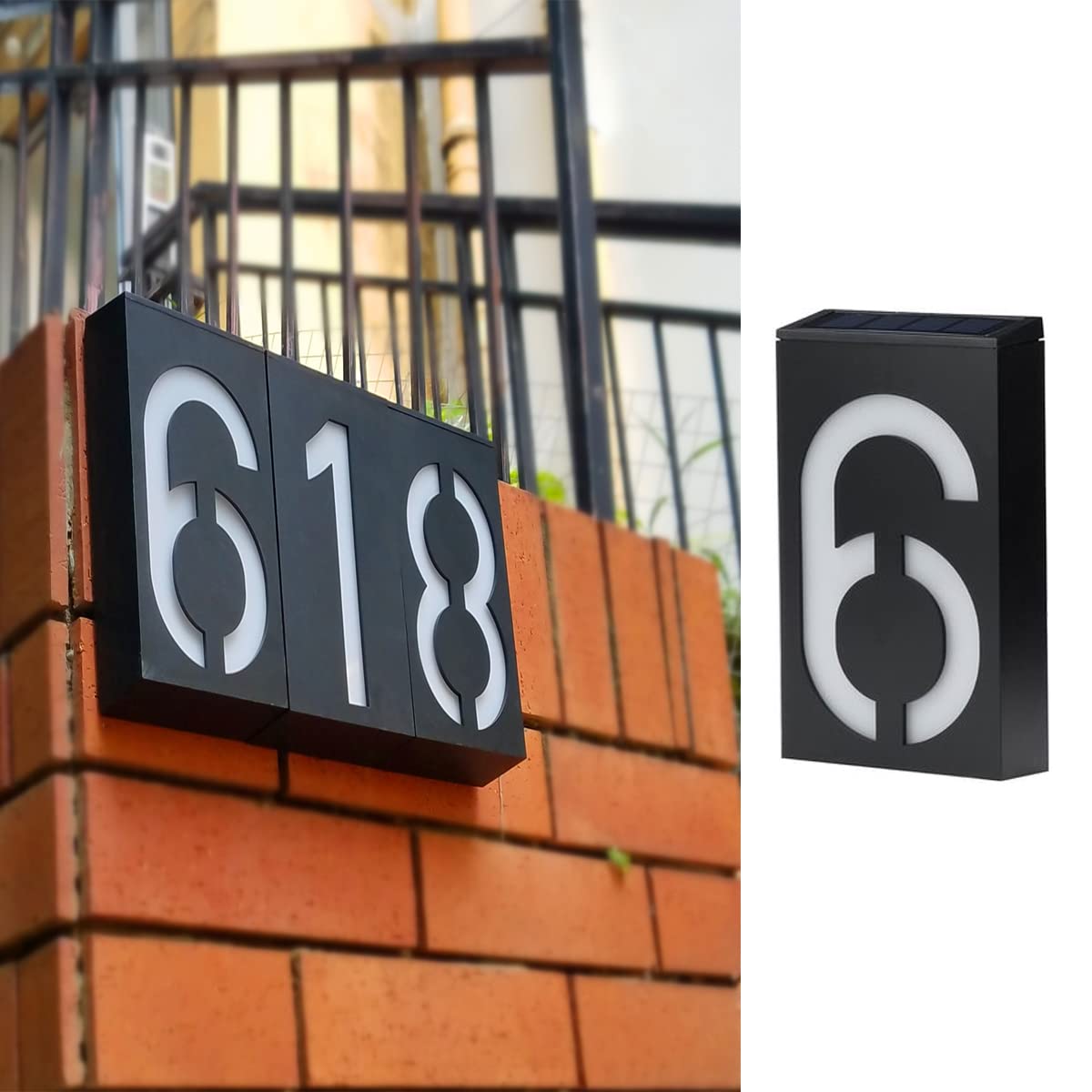 TINYOUTH Solar House Number - Number 6, Door Number Plaques Light for Wall, 6 LED House Numbers Plaque with Lights, IP55 Waterproof House Finder for DIY House Sign