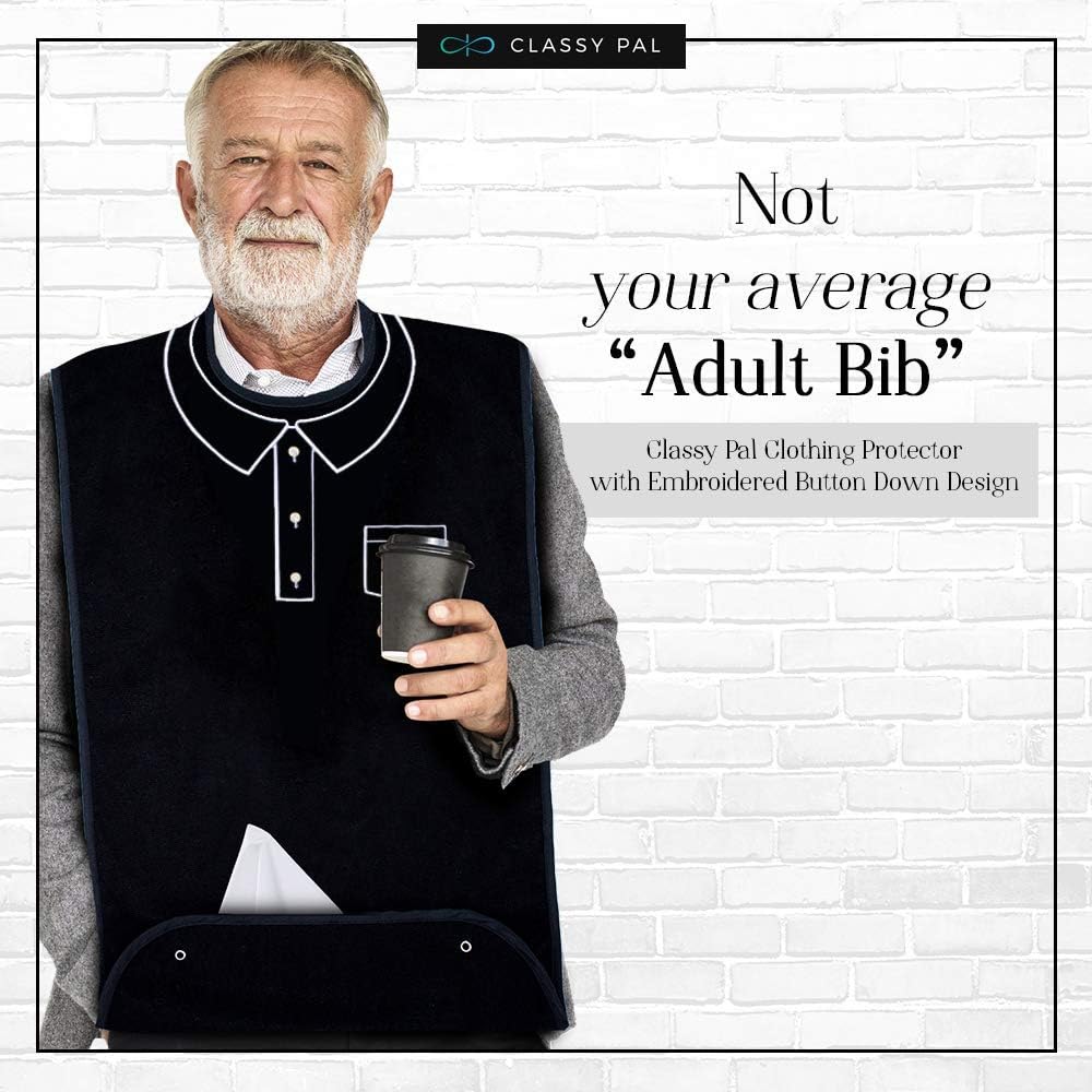 Classy Pal, Adult Bibs for Men, Dress ‘n Dine Clothing Protectors for Eating, Senior Adult Bib Terry Cloth Crumb Catcher, Embroidered Design, Waterproof, Reusable, Washable (Polo): Health & Personal Care
