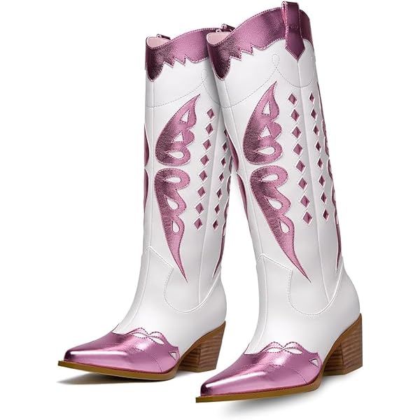Getmorebeauty Women's Western Cowboy Boots - Knee High Embroidered Pointed Toe Chunky Heel