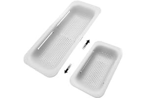 KESAPLAN Collapsible Sink Colanders and Strainers Basket Over the Sink Colander Collapsible Colander Extendable Plastic Fruit Vegetable Strainer Drainer Basket for Kitchen (Length 14.3 inch-19.4 inch) (White)