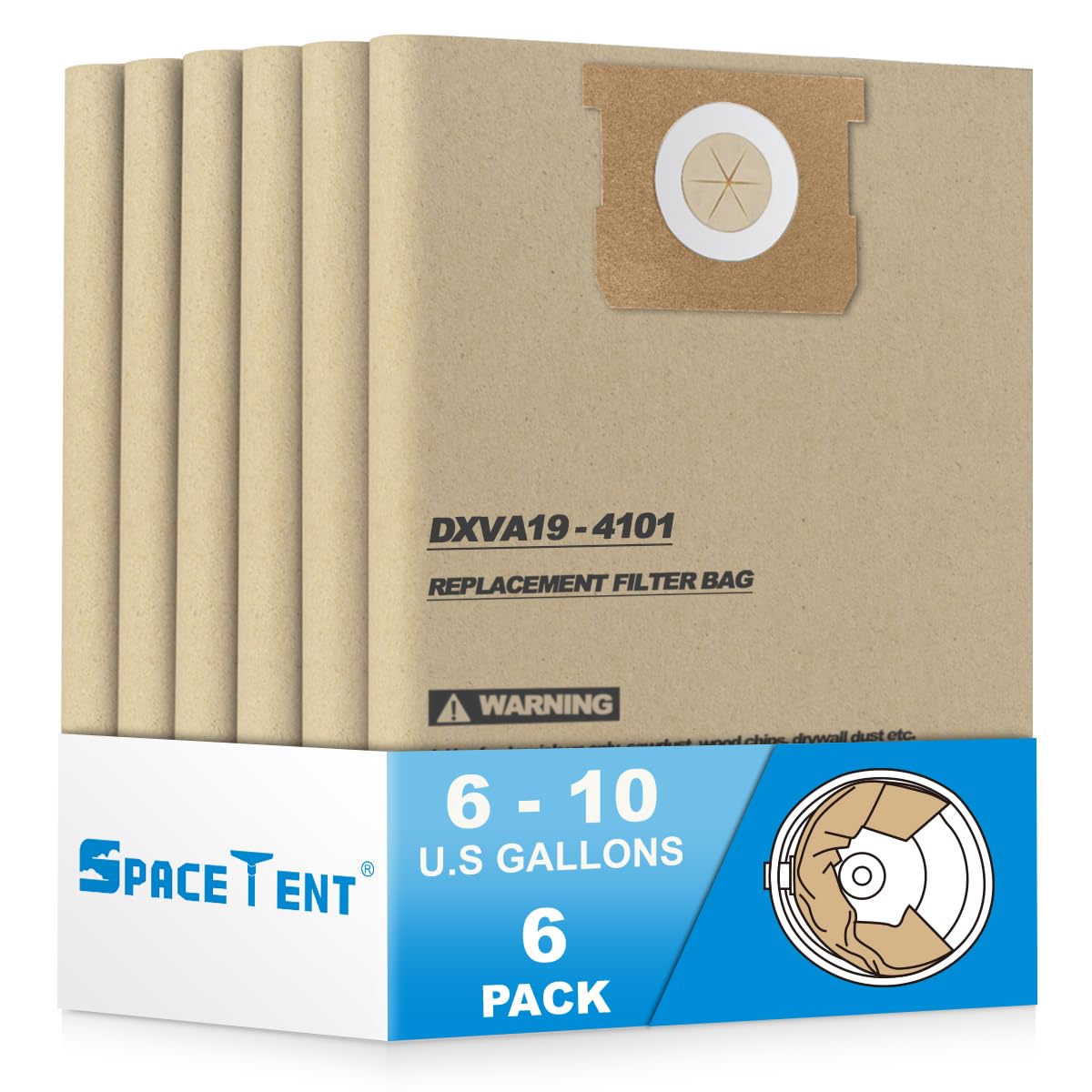 SpaceTent 6 Pack DXVA19-4101 Disposable Filter Bags for DEWALT 6, 8, 9 and 10 Gallon Wet Dry Vacs, 6-10 Gallon Shop Vac Bags, DXV10SA Vacuum Bags