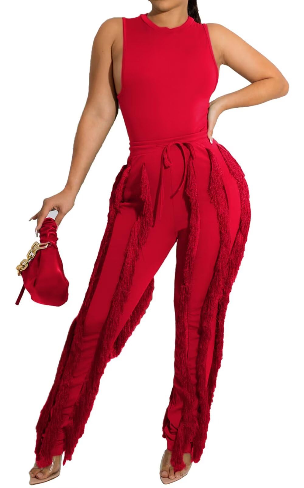 Photo 1 of EDITCOZY Women Sexy Two Piece Outfits Fringe Pants Set Tassel Club 2 Piece Sets Going Out Birthday Party Night Red XL