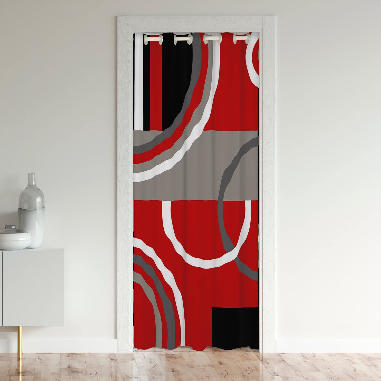 Loussiesd GeometricCurtain for Doorway Privacy Red Grey White Closet Door Cover Curtain for Bedroom Living Room Stripe Line 30%-50% Room Darkening Blackout Insulated Thermal Curtain 86x203cm 1 Panel