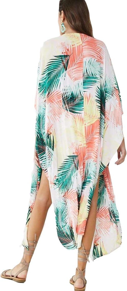 Womens Beach Blouses Cotton Loose Kimono Open Front Floral Print Side Split Cardigan Beachwear Dress (321)
