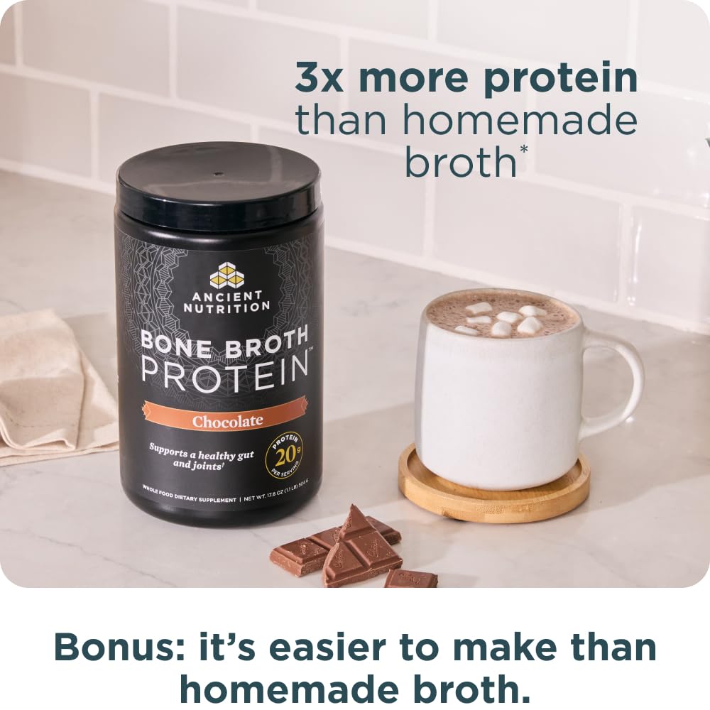 Ancient Nutrition Protein Powder Made from Real Bone Broth, Chocolate, 20g Protein Per Serving, 20 Serving Tub, Gluten Free Hydrolyzed Collagen Peptides Supplement, Great in Protein Shakes