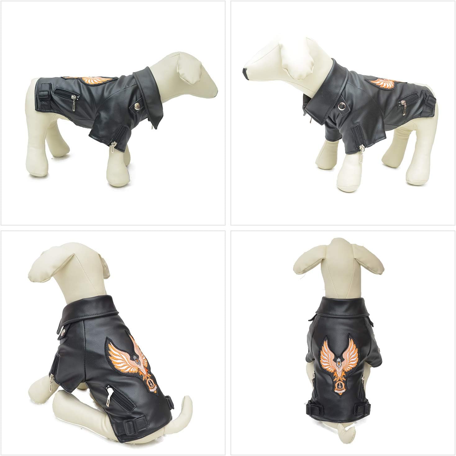lovelonglong Cool Dog Leather Jacket, Warm Coats Dogs Windproof Cold Weather Coats for Large Medium Small Dogs With Eagle Embroidery Black XS - Image 5