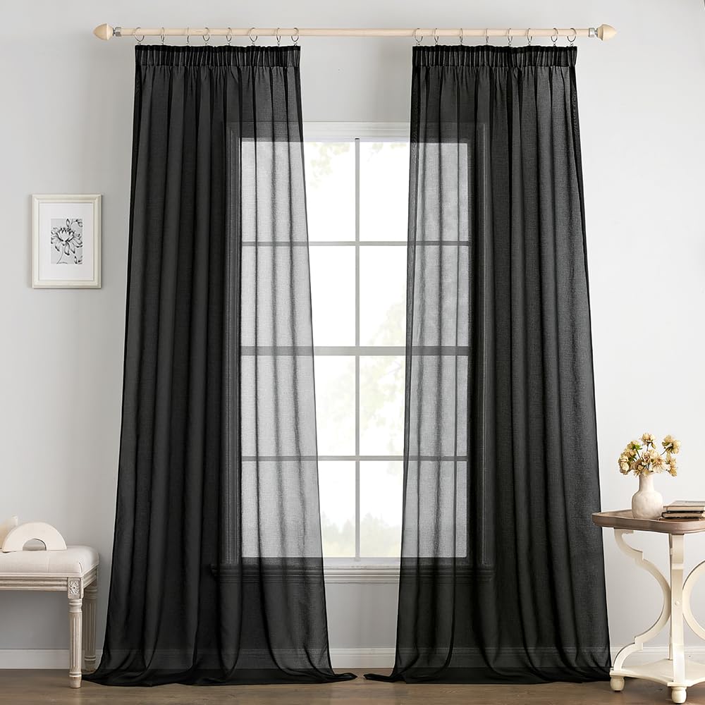 EMEMA Curtains with Ruffle Tape, Set of 2, Sheer Voile Black Curtains, Transparent Curtain for Rail System, Living Room, Airy Decorative Curtain for Bedroom, 140 x 245 cm (W x H)