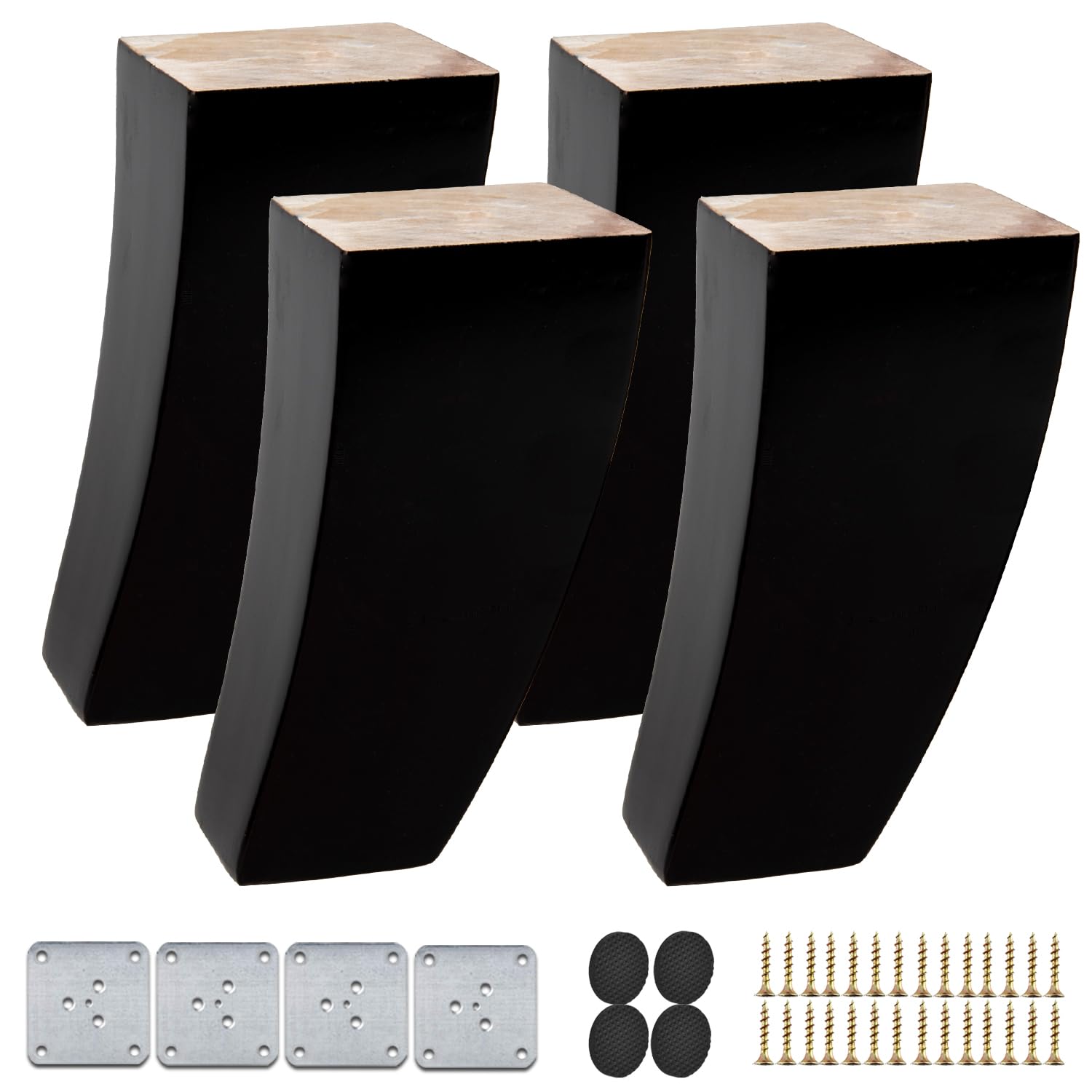 TCHOSUZ 6 inch / 15cm Wooden Furniture Legs, Set of 4 Mid Century Modern Solid Wood Black Curved Pyramid Square DIY Replacement Feet for Sofa Couch Armchair Bed Recliner Riser