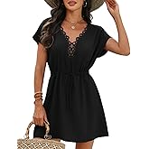 CiCiBird Womens Swimsuit Coverup Lace Crochet V Neck Cover Up Short Sleeve Beach Dress for Swimwear