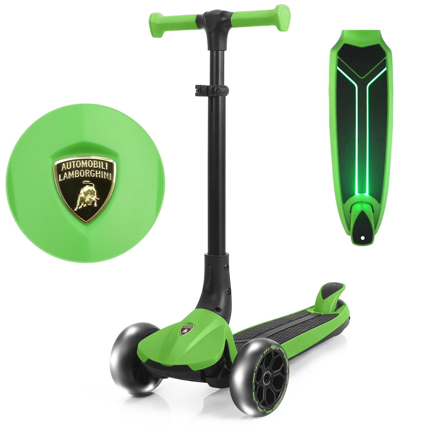 Lamborghini Scooter for Kids Ages 3-7, 3 Wheel Kids Scooter with Light-up Wheels & LED Deck, Adjustable Height, Foldable, Lean to Steer, Kick n Roll for 3+ Year Old Toddlers Girls Boys Green