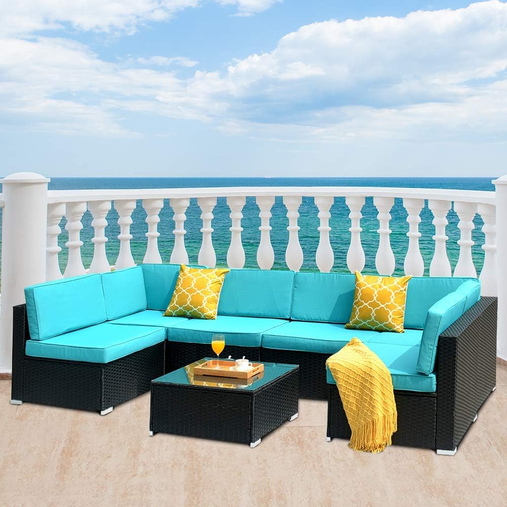 DKLGG 7 Pieces Patio Furniture, Outdoor Rattan Conversation Set, Blue : Garden & Outdoor