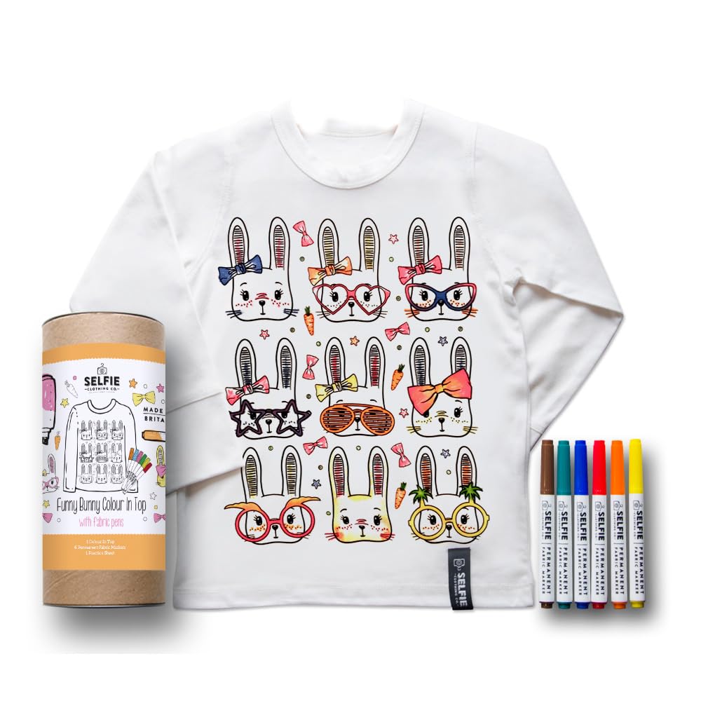 Selfie Clothing Funny Bunny Colour in Top with Fabric Pens - (Age 4-6) Cream