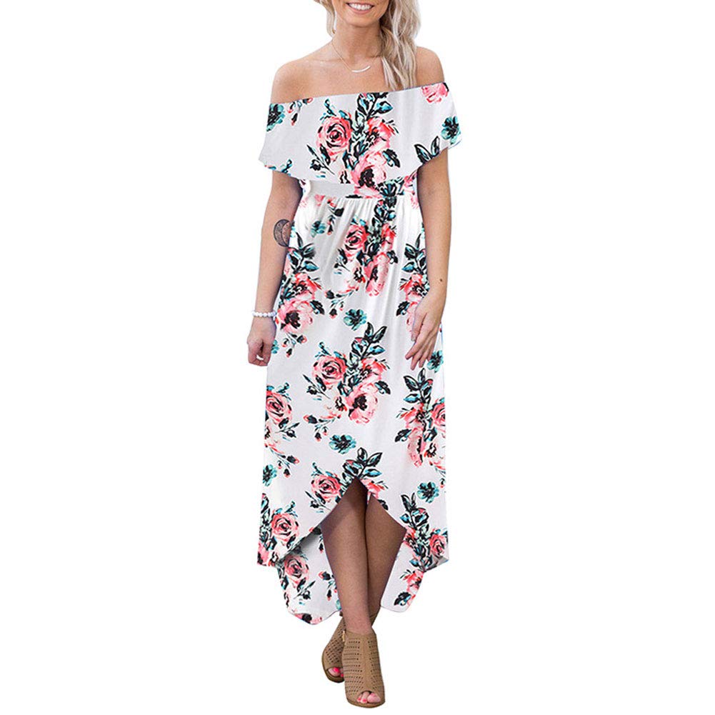 Womens Floral Off Shoulder Dresses - Summer Casual High Waist Slit Long Maxi Dress White