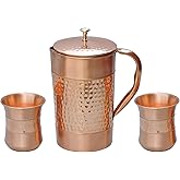 Pure Copper Water Jug with 2 Copper Tumblers (Hammered and Plain Pattern) For Ayurveda Health Benefits (With Curved Glass)