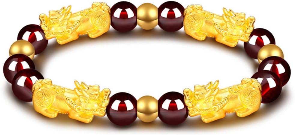 Feng Shui Amulet Bracelet The Best Prosperity Red Garnet Bead Bracelet with 6/4 Gold Plated Pi Xiu/Pi Yao Lucky Wealthy Brecelet
