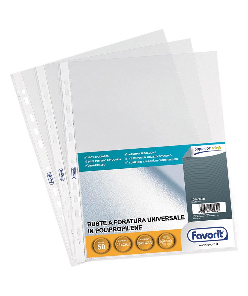 Favorit 179327 Buste Perforate, Buccia d'Arancia, Alto Spessore, 21 x 29.7 cm, 50 Pezzi, Trasparenti