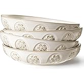 Artena Pasta Bowls, 50oz Large Salad Serving Bowls, 9.75'' Plates Bowls Set of 4, Big White Ceramic Soup Bowls for Kitchen, Embossment Shallow Dinner Bowl, Microwave Dishwasher Safe, Pinwheel Flower