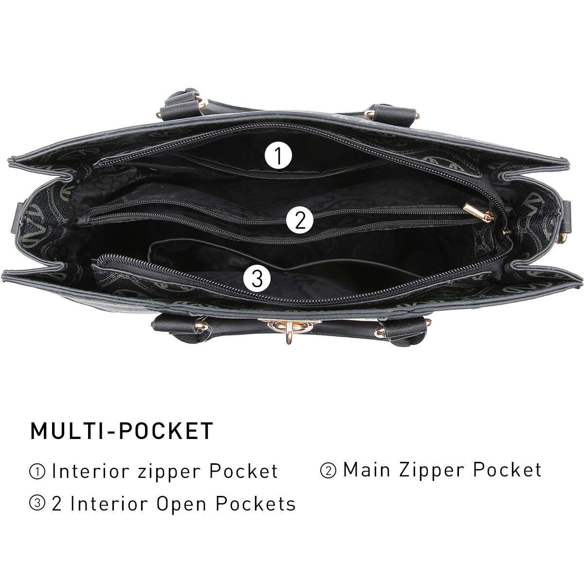 MKP Women Fashion Top Handle Handbags Purses Satchel Tote M Signature Padlock Shouler Bags Work Bag with Wallet Wristlet Set 2pcs (Black)