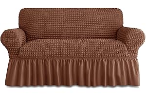 BLUESURGE Loveseat Slipcover 1 Piece for 2 Cushion Couch Sofa Cover with Skirt, Durable Washable High Elastic Stretchable, Easy Fit Universal Furniture Protector (2 Seater, Brown)