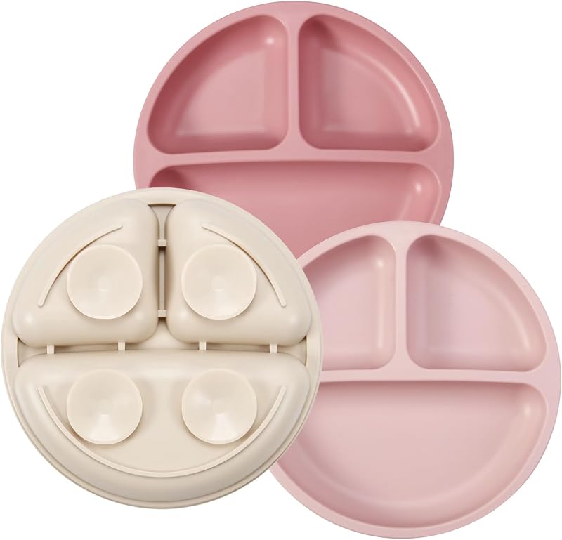 PandaEar Silicone Baby Plates 3 Pack Suction Divided Weaning Set Pink Linen