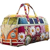 Hippie Van Quilted Duffle Bag Vintage Floral Weekender Overnight Bag Boho Everyday Travel Bag for Women (White-Orange, 18" x 9" x 9")