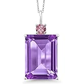 Gem Stone King 925 Sterling Silver Gemstone Birthstone and Pink Lab Grown Diamond Pendant Necklace for Women | Emerald Cut 18X13MM and Round 4MM | With 18 Inch Chain | Fine Jewelry for Her Mom Wife