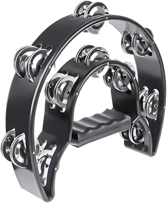 Half Moon Musical Tambourine Double Row Metal Jingles Hand Held Percussion Drum Multicolor for KTV Party with Ergonomic Handle Grip (Black)