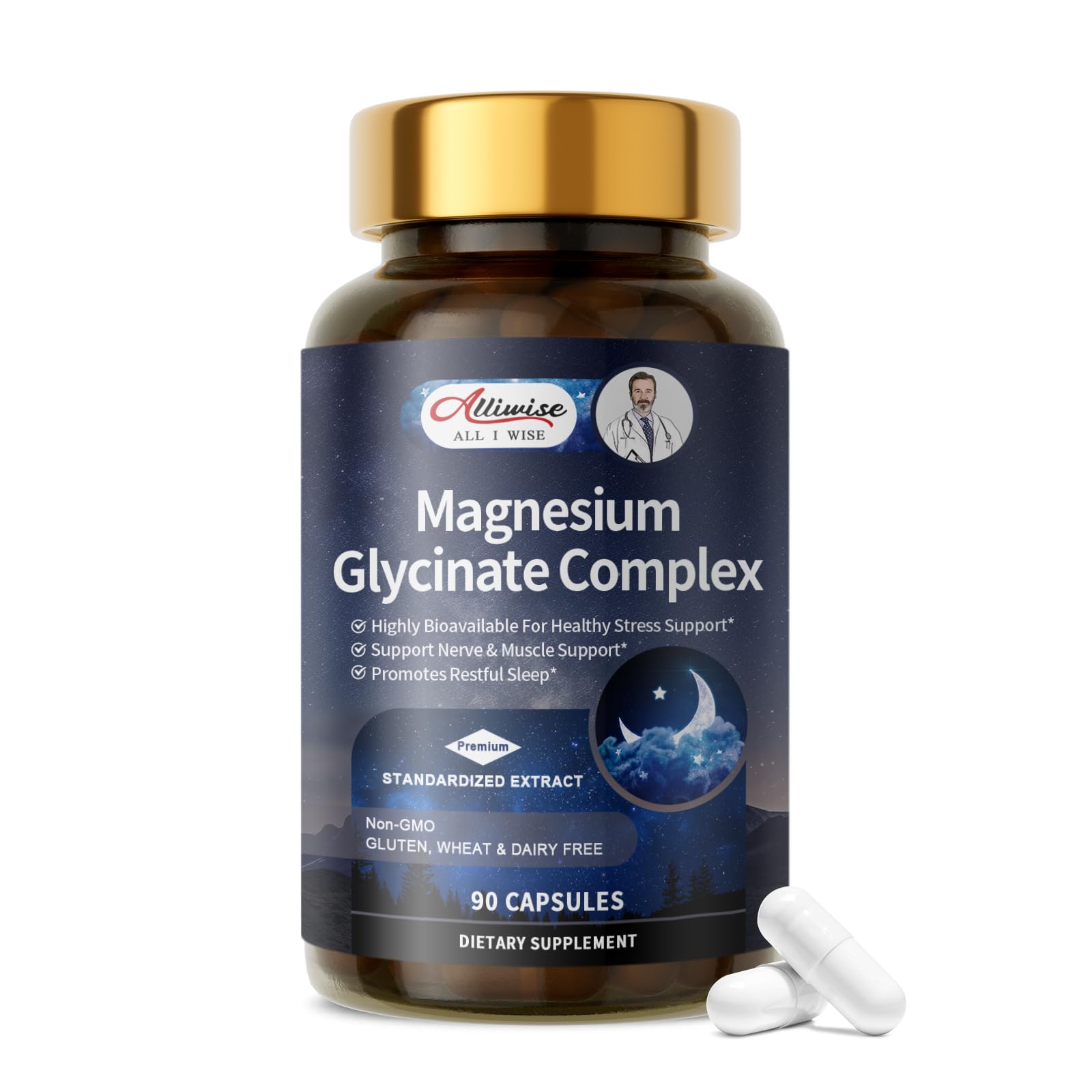 Alliwise Magnesium Glycinate Complex, High Absorption Vegan Magnesium Supplement for Women and Men, Sleep Support* Promotes Relaxation, Heart, Muscle & Bone Support*, Gluten, Dairy and Soy Free -90 ct
