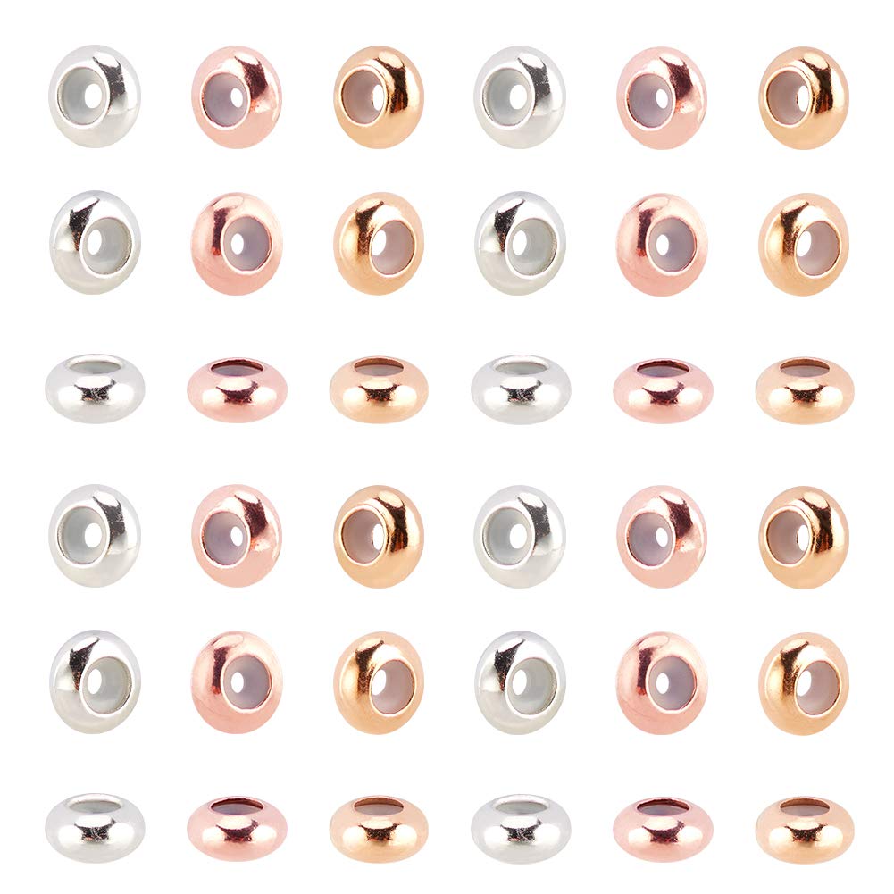PH PandaHall 60pcs Brass Round Rubber Beads, Brass Beads with Rubber Rondelle Slider Beads Stopper Beads Adjustable Slider Clasps Round Beads Fixed Jewelry Position Light Gold & Platinum & Rose Gold