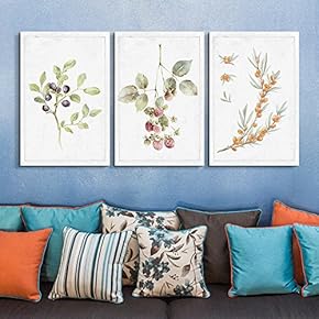 3 Panel Canvas Wall Art - Hand Drawn Berries on Branches Artwork - Giclee Print Gallery Wrap Modern Home Art Ready to Hang - 16"x24" x 3 Panels