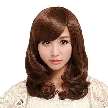 Coshouse Girls Cute Medium Length Light Brown Wavy Wigs Healthy