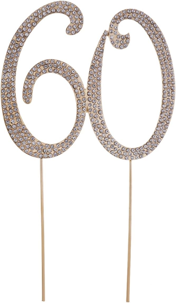 TOYMYTOY 60 Cake Topper for 60th Birthday Party or Anniversary Crystal Rhinestones Decorative Cake Topper for Party Supplies (Gold)