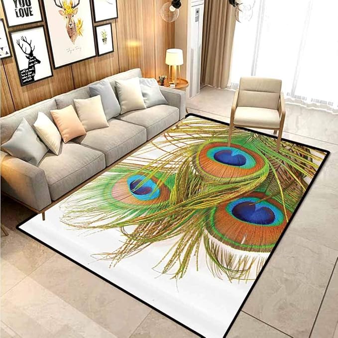 Amazon Com Peacock Decor Camper Rugs Outdoor Floor Rugs For Living Room Peacock Feathers Modern Spring Leaves Forest Trees Classic Plumage Artwork Kids Home Decor Rugs Colorful 4 X 6 Ft Kitchen