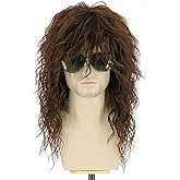 Topcosplay Men Wigs 80s Mullet Wig Long Brown Curly for Rock Disco Party Costume