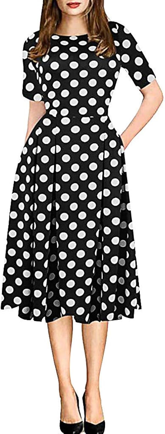 Amazon レディースドレス レトロワンピース 水玉 花柄プリント 半袖 女性用 ファッション シンプル フォーマル オシャレ パーティー 結婚式 二次会 大きいサイズ S 2xl ゆったり 外出用 着痩せ 演奏会 忘年会 舞踏会 Nashijp ワンピース チュニック 通販