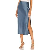 BOMAROLAN Women's Satin Midi Skirt High Waist Solid Silky Skirts for Women Elasticized Waistband A-Line Slit Midi Skirts