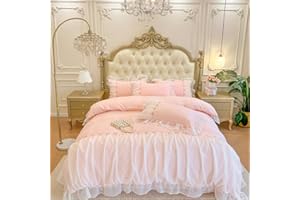 MOOWOO Pink Bedding-Romantic Ruffle Lace Bedding Set 2 Piece Comforter Twin Duvet Cover with Zipper Closure,Aesthetic Room Decor for Girls-Pink,Twin Size