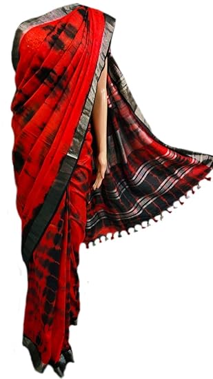 Red Bhagalpuri Shibori Linen sarees With Blouse Piece