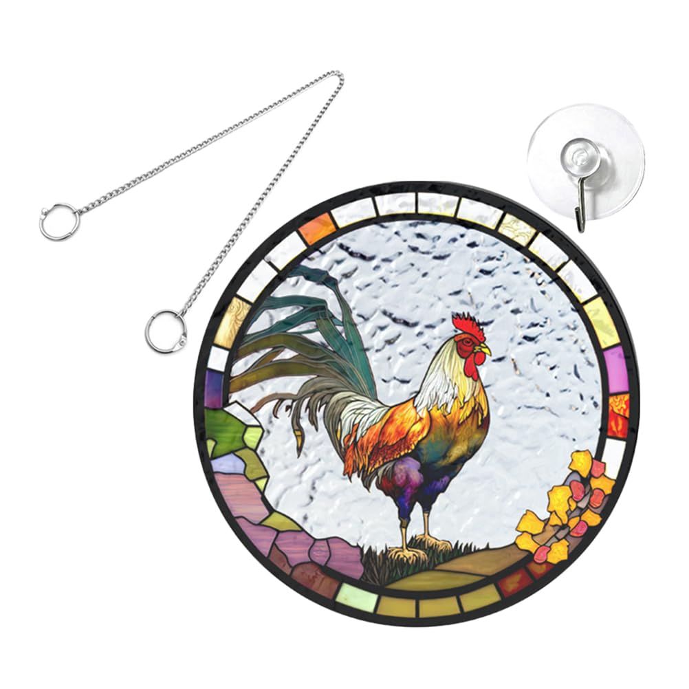 HANABASS Rooster Sun Catcher Stained Glass Hanging Ornament with Chain and Hook Decorative Window and Wall Hanging Art for Garden Home and Housewarming Gift 7.87X7.87In