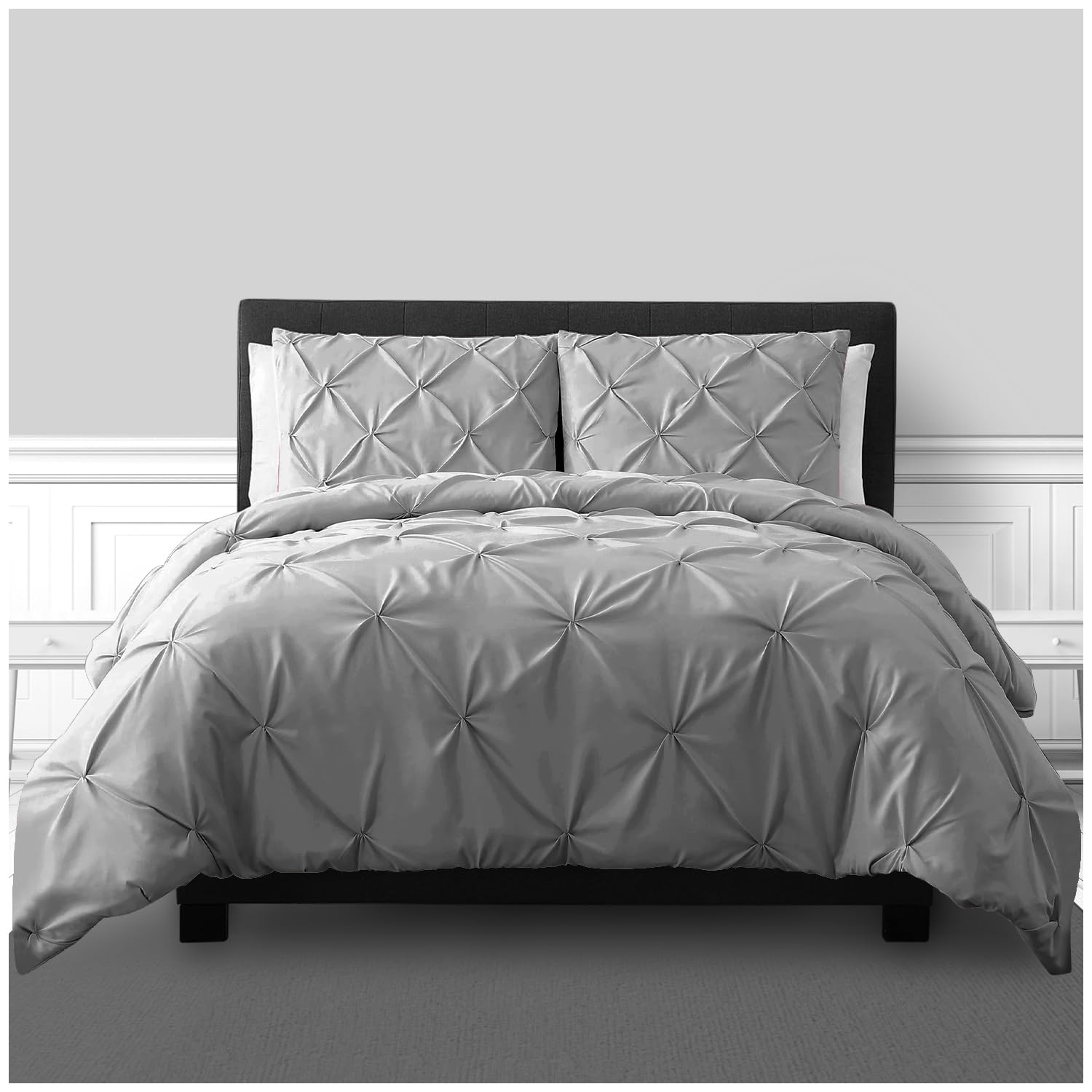GC GAVENO CAVAILIA Pleated Bedding Set - Double Duvet Cover with Pillowcases - Luxury Pinch Pleat Ruched Quilt Cover, Easy Care Machine Washable Bed Linen, Hotel Style Bedroom Decor, Silver