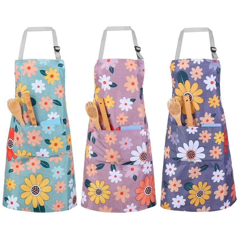 FANTESI 3 Pcs Floral Aprons for Women, Adjustable Canvas Aprons with 2 Pockets for Cooking Gardening Housework