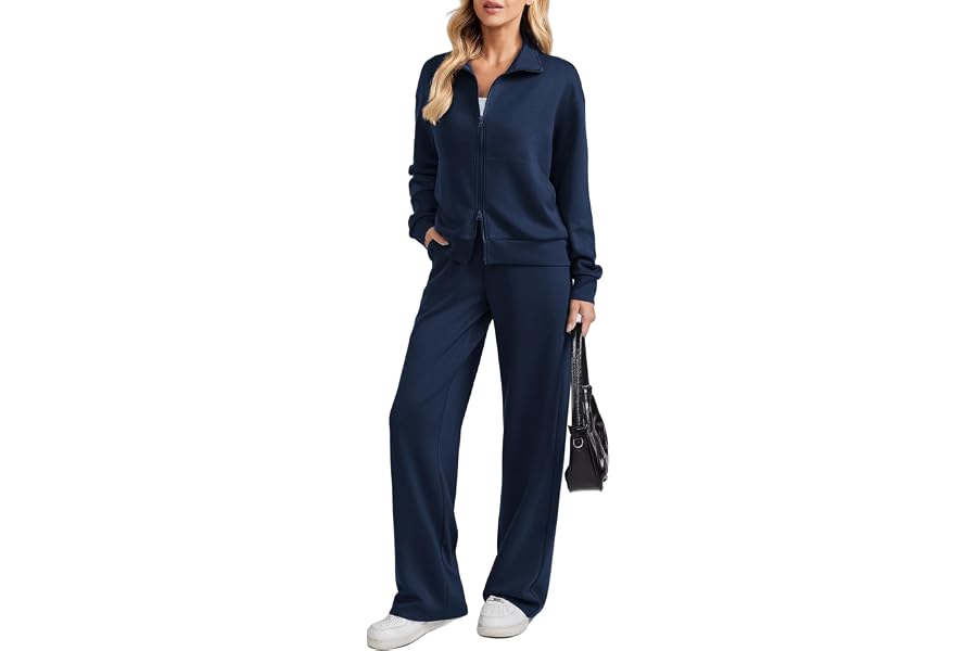 PINSPARK 2 Piece Sets for Women Two-Way Zip Top Wide Leg Pants Tracksuit | Regular & Petite,Kangaroo Pockets,Stand Collar,Breathable,Luxurious,Lounge,Travel,Athleisure,Vacation