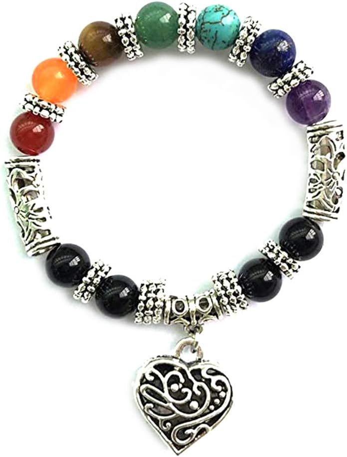 wvcetgbwe Vintage 7 Chakra Religion Healing Balance Stone Beaded Bracelet Women Heart Charm Bangle Gift Yoga Reiki Charm Heart Bracelets Multicolor
