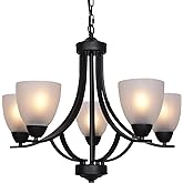 VINLUZ 5 Light Shaded Contemporary Chandeliers with Alabaster Glass Black Rustic Light Fixtures Ceiling Hanging Mid Century M