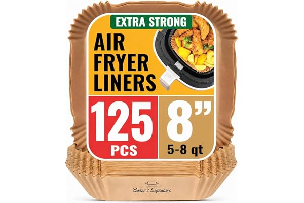 Air Fryer Paper Liners, 125Pcs Air Fryer Disposable Liners | Non-Stick and Oil Proof for Easy Cleanup, 8" Square for 5-8 qt Basket by Baker's Signature